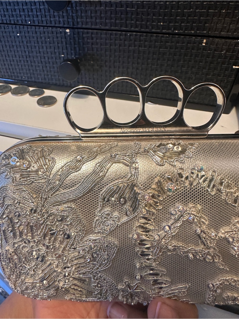 Alexander McQueen Silver Embellished Knuckle-Handle Clutch